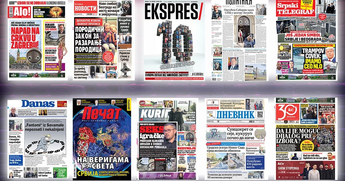 NASLOVNE STRANE SUTRAŠNJIH NOVINA: Prelistavanje štampe za petak, 24. april 2026. godine