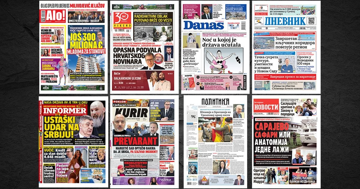 NASLOVNE STRANE SUTRAŠNJIH NOVINA: Prelistavanje štampe za subotu, 25. april 2026. godine