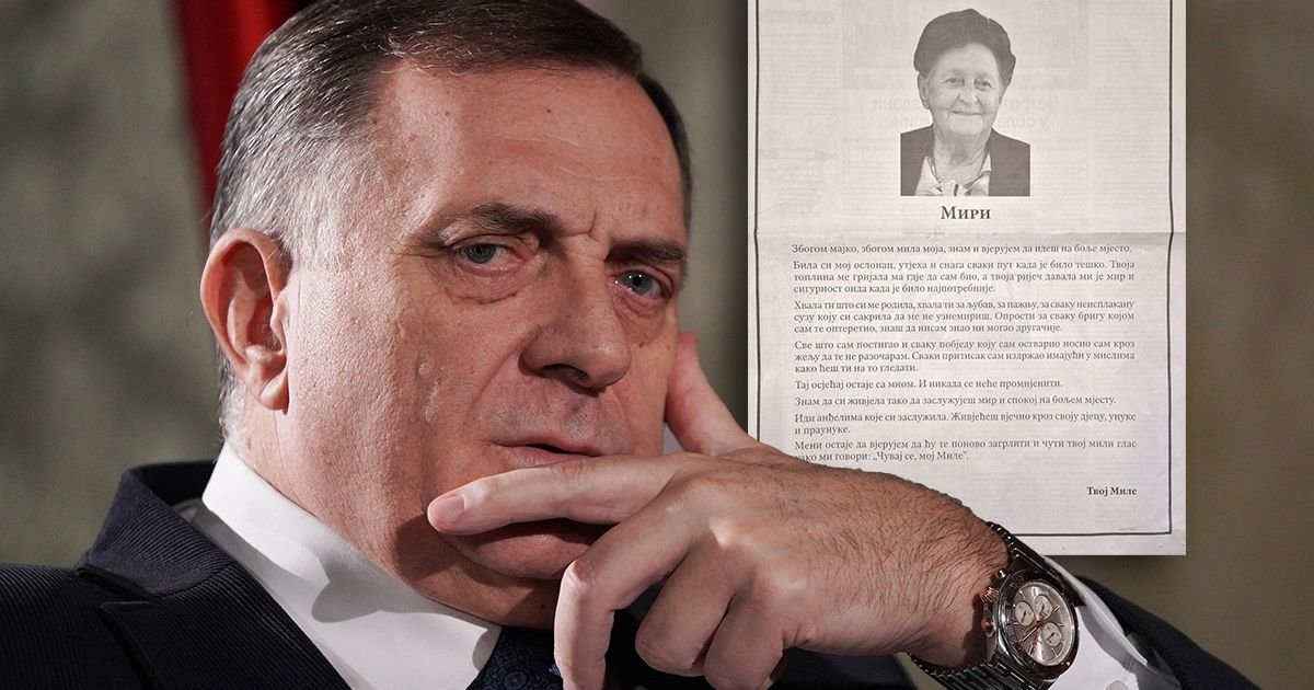 Dodik dao čitulju majci Miri: "Meni ostaje da verujem da ću te ponovo zagrliti i čuti mili glas..."