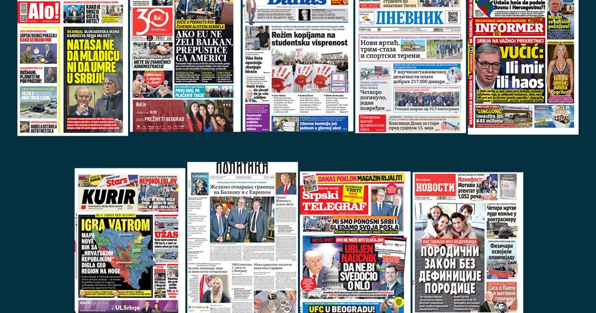 NASLOVNE STRANE SUTRAŠNJIH NOVINA: Prelistavanje štampe za utorak, 28. april 2026. godine