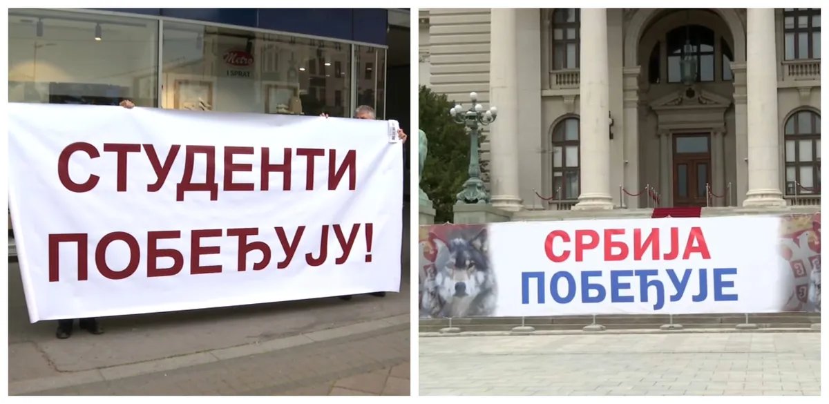 Deljenje nalepnica "Studenti pobeđuju" na dve lokacije u centru Beograda, ispred Skupštine transparent "Srbija pobeđuje"