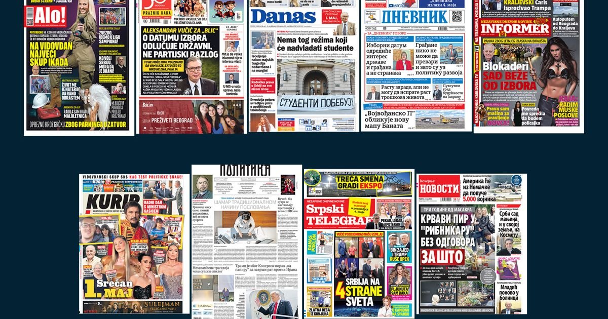 NASLOVNE STRANE SUTRAŠNJIH NOVINA: Prelistavanje štampe za nedelju, 3. maj  2026. godine