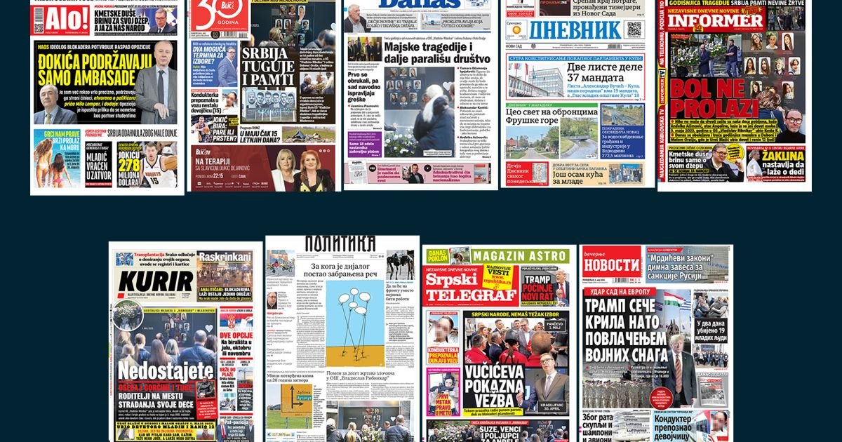 NASLOVNE STRANE SUTRAŠNJIH NOVINA: Prelistavanje štampe za ponedeljak, 4. maj 2026. godine