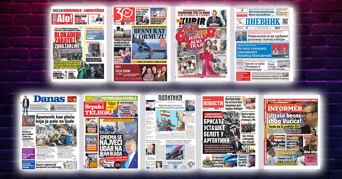 NASLOVNE STRANE SUTRAŠNJIH NOVINA: Prelistavanje štampe za sredu, 6. maj 2026. godine
