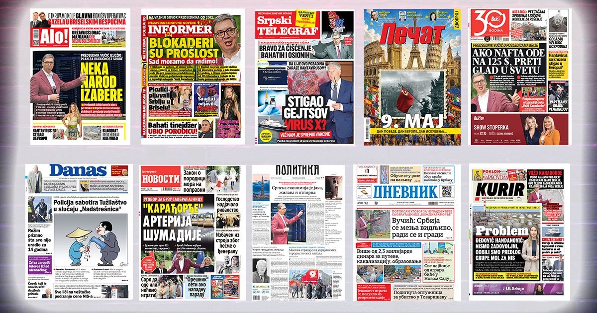 NASLOVNE STRANE SUTRAŠNJIH NOVINA: Prelistavanje štampe za petak, 8. maj 2026. godine