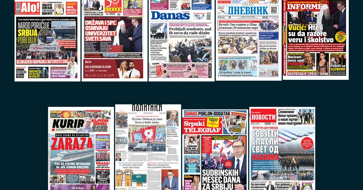 NASLOVNE STRANE SUTRAŠNJIH NOVINA: Prelistavanje štampe za nedelju, 10. maj 2026. godine