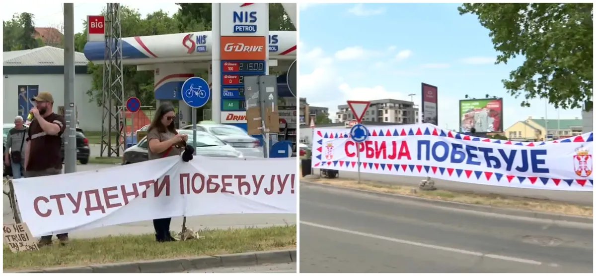(FOTO) "Nadmetanje transparentima" u Zrenjaninu: Sa jedne strane "Studenti pobeđuju", a sa druge "Srbija pobeđuje"