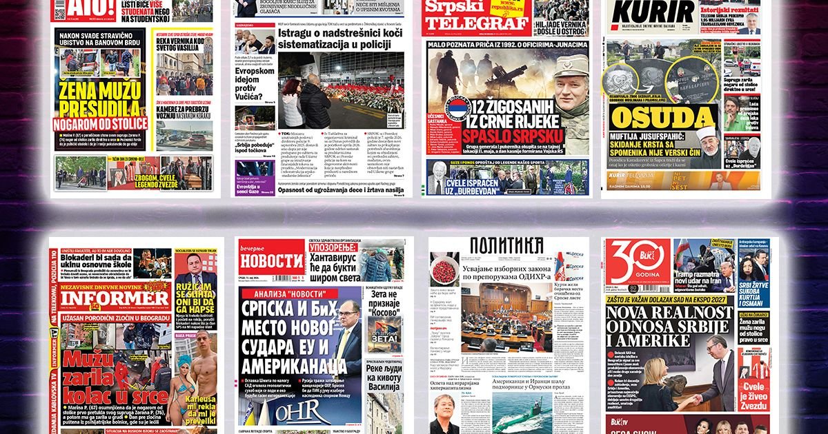 NASLOVNE STRANE SUTRAŠNJIH NOVINA: Prelistavanje štampe za sredu, 13. maj 2026. godine