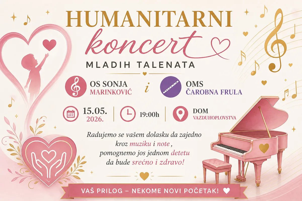 Pomozimo jednom detetu da bude srećno i zdravo: Humanitarni koncert učenika OŠ "Sonja Marinković"  Domu vazduhoplovstva