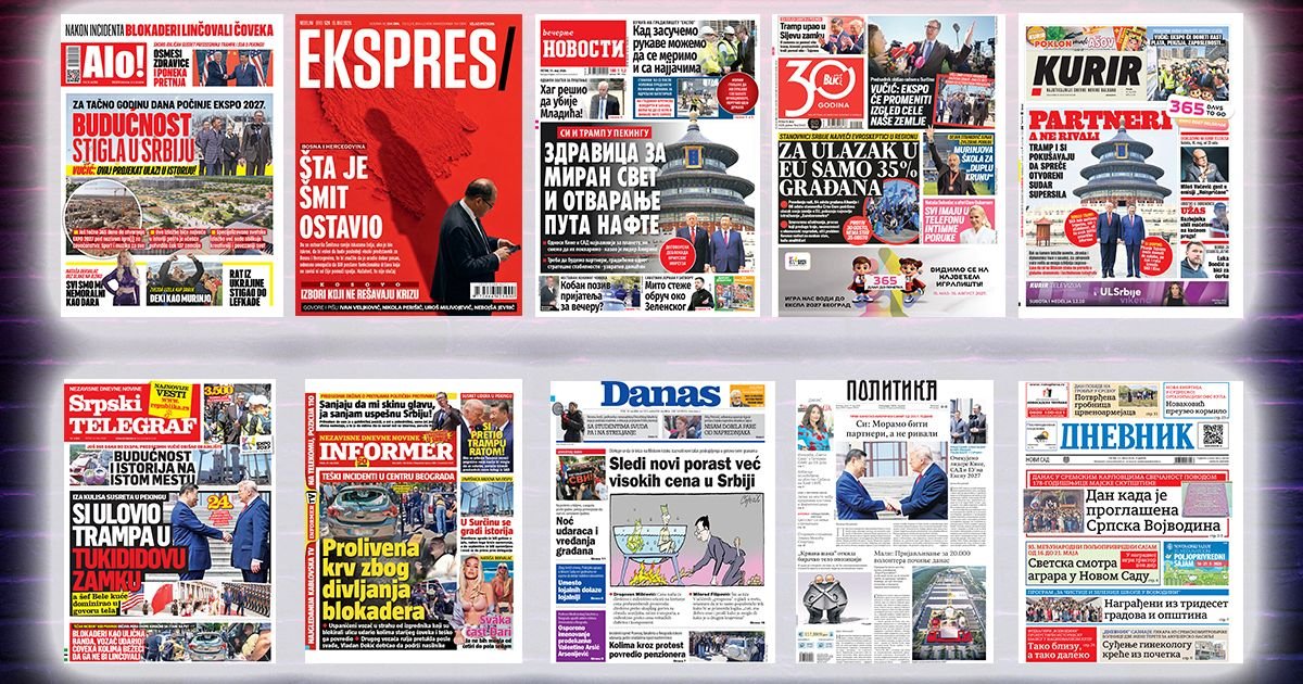 NASLOVNE STRANE SUTRAŠNJIH NOVINA: Prelistavanje štampe za petak, 15. maj 2026. godine