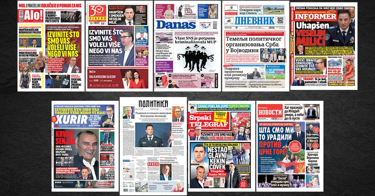 NASLOVNE STRANE SUTRAŠNJIH NOVINA: Prelistavanje štampe za subotu, 16. maj 2026. godine