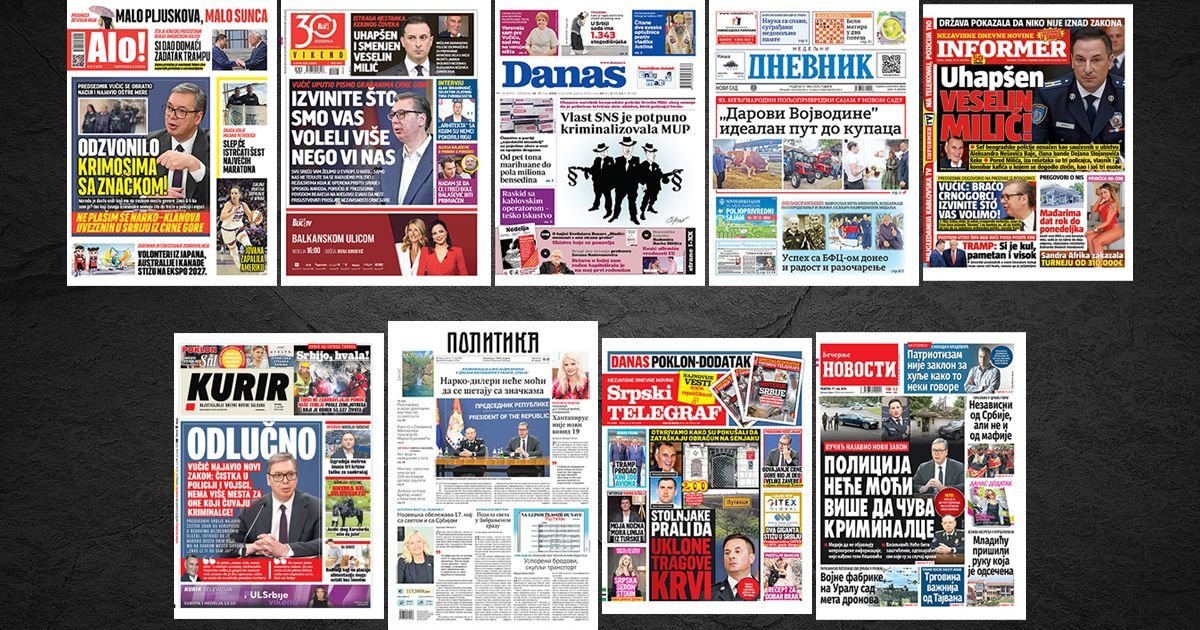 NASLOVNE STRANE SUTRAŠNJIH NOVINA: Prelistavanje štampe za nedelju, 17. maj 2026. godine