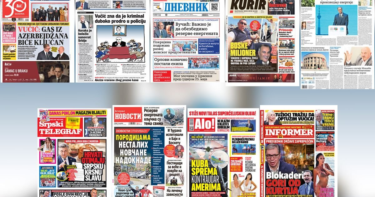 NASLOVNE STRANE SUTRAŠNJIH NOVINA: Prelistavanje štampe za utorak, 19. maj 2026. godine