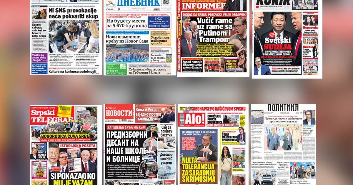 NASLOVNE STRANE SUTRAŠNJIH NOVINA: Prelistavanje štampe za četvrtak, 21. maj 2026. godine