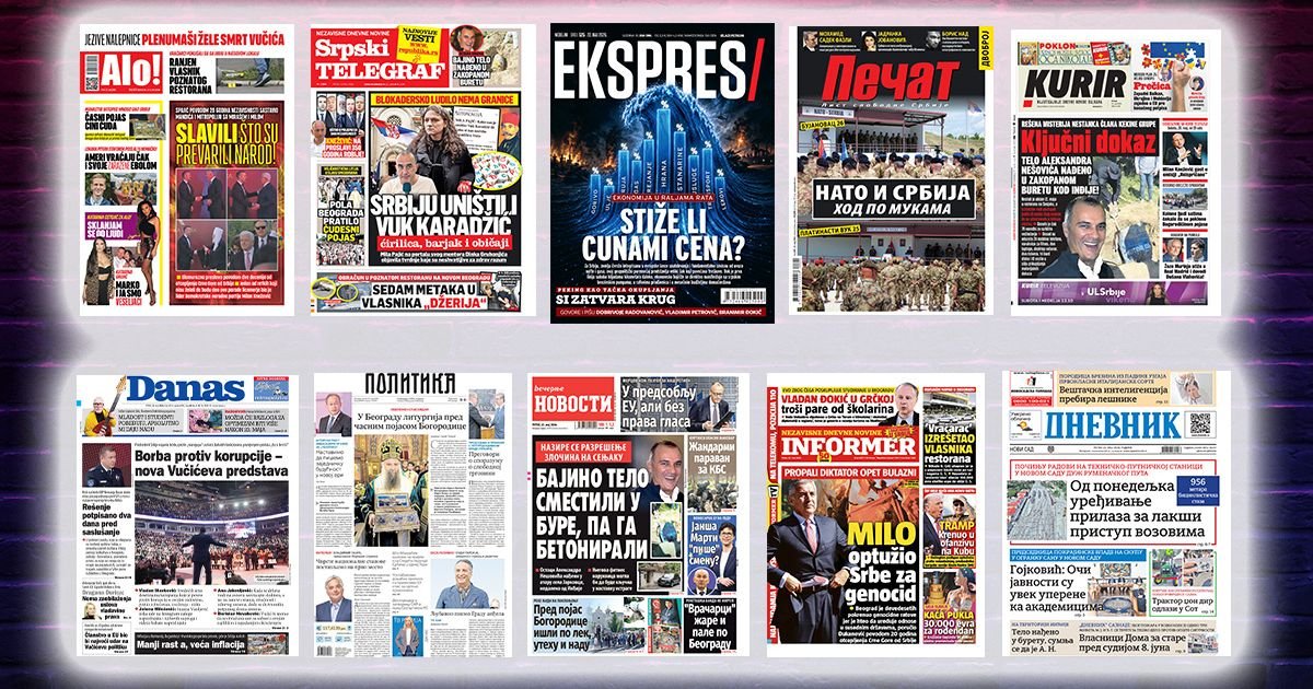 NASLOVNE STRANE SUTRAŠNJIH NOVINA: Prelistavanje štampe za petak, 22. maj 2026. godine