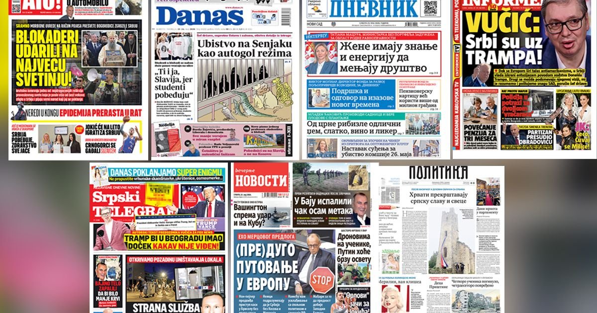 NASLOVNE STRANE SUTRAŠNJIH NOVINA: Prelistavanje štampe za subotu, 23. maj 2026. godine