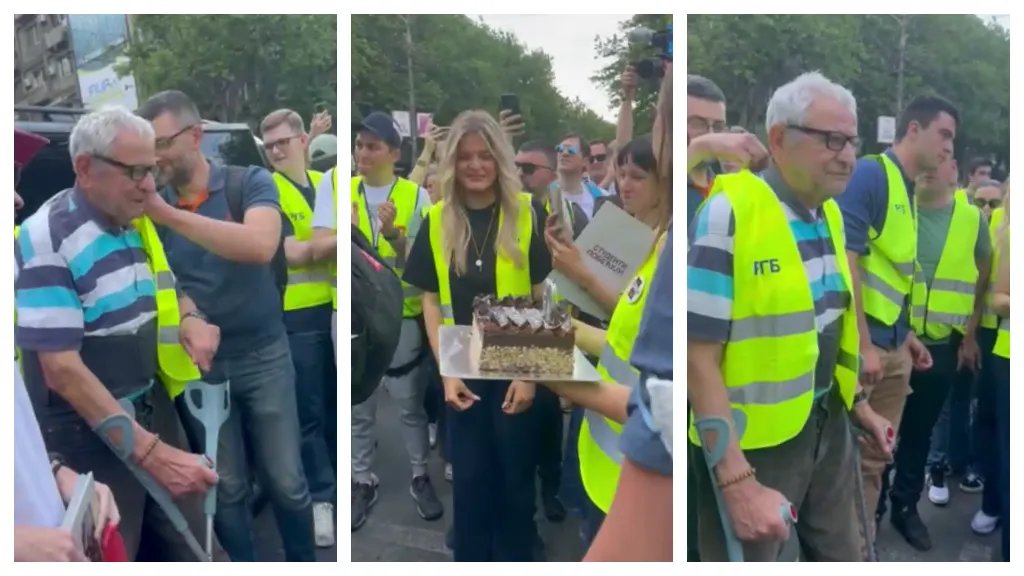 VIDEO Aplauz, torta i rođendanska pesma: Na skupu ispred Pravnog fakulteta i deka Veroljub kog je na istom mestu pre devet dana automobilom udario nasilnik