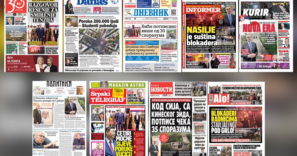 NASLOVNE STRANE SUTRAŠNJIH NOVINA: Prelistavanje štampe za ponedeljak, 25. maj 2026. godine
