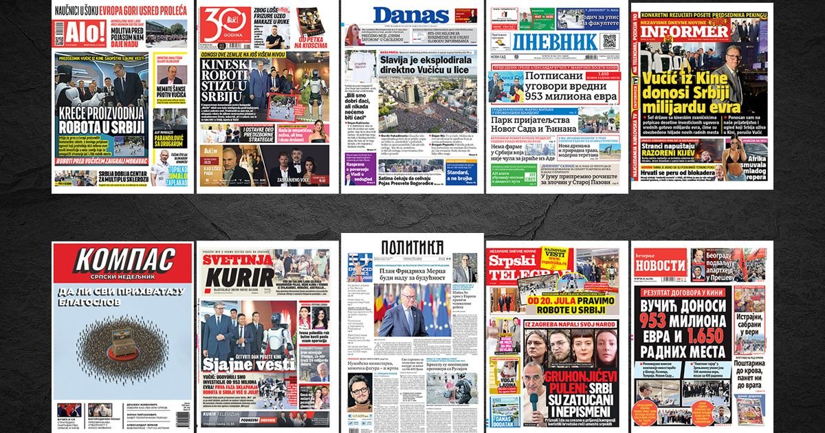 NASLOVNE STRANE SUTRAŠNJIH NOVINA: Prelistavanje štampe za četvrtak, 28. maj 2026. godine