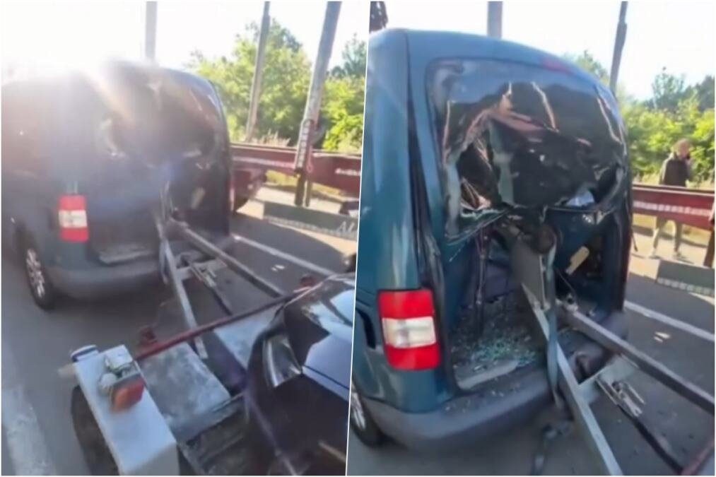 HAOS KOD UŠĆA: Preticao kolonu pa se zakucao u kamion, prikolica POKIDALA zadnji deo automobila, saobraćaj u potpunom kolapsu (VIDEO)