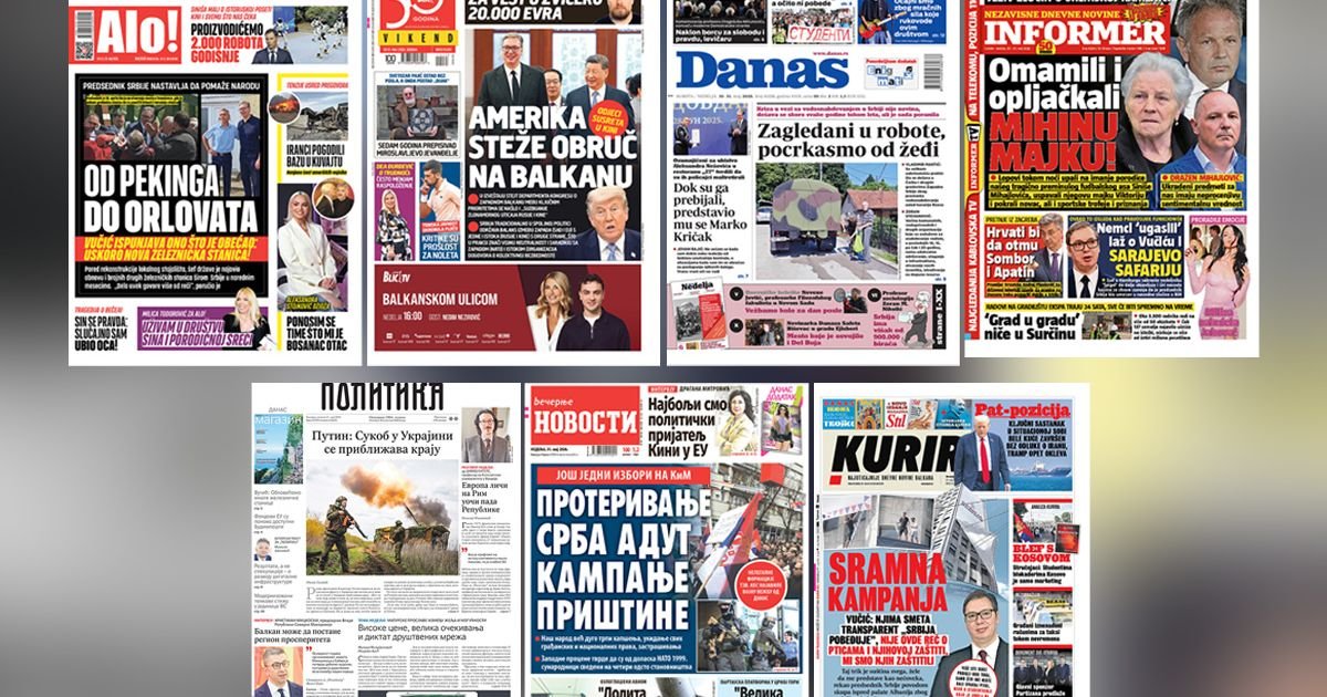 NASLOVNE STRANE SUTRAŠNJIH NOVINA: Prelistavanje štampe za nedelju, 31. maj 2026. godine
