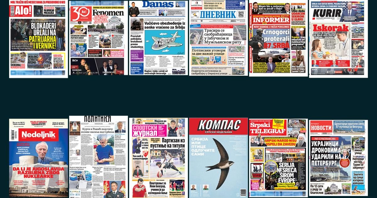 NASLOVNE STRANE SUTRAŠNJIH NOVINA: Prelistavanje štampe za četvrtak, 4. jun 2026. godine
