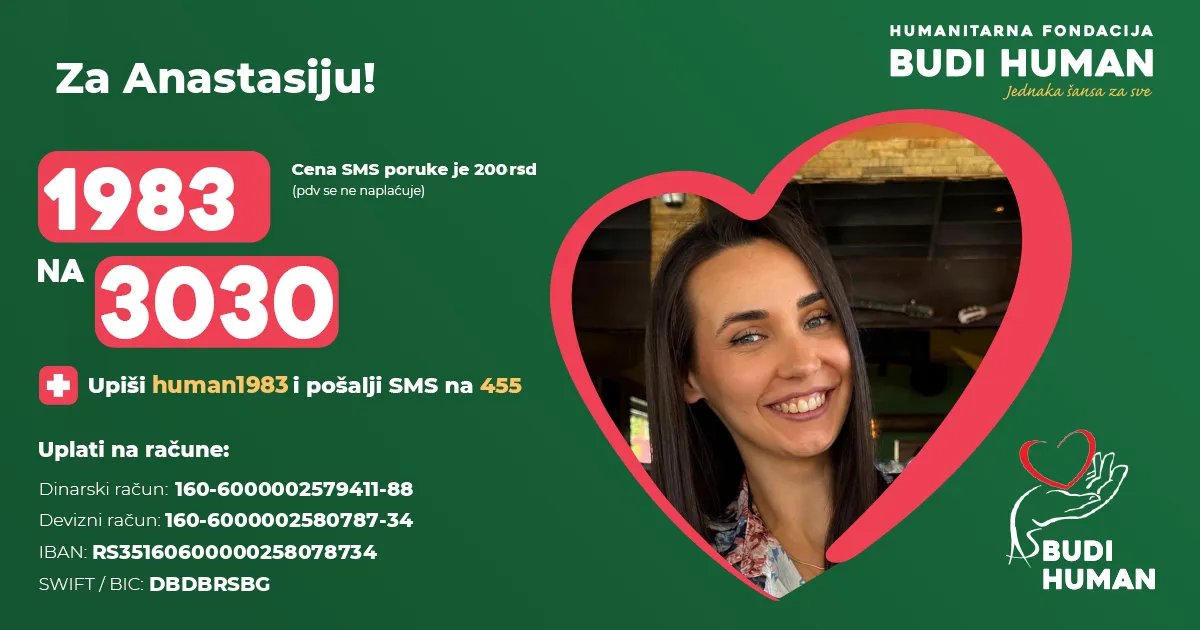 Pomozimo Anastasiji da ode na lečenje: SMS 1983 na 3030