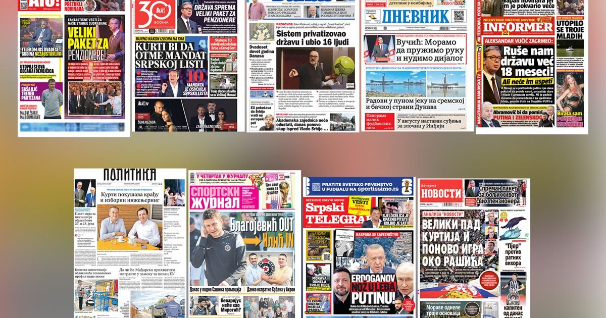 NASLOVNE STRANE SUTRAŠNJIH NOVINA: Prelistavanje štampe za utorak, 9. jun 2026. godine