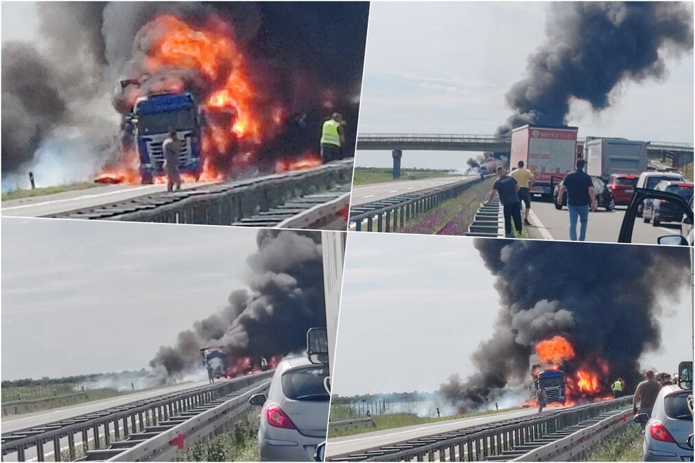 BUKTINJA NA AUTO-PUTU KOD ŠIMANOVACA! Težak sudar kamiona, jedan U POTPUNOSTI GORI, očevici opisali scene užasa: "Od detonacija se TRESU automobili!" (VIDEO)