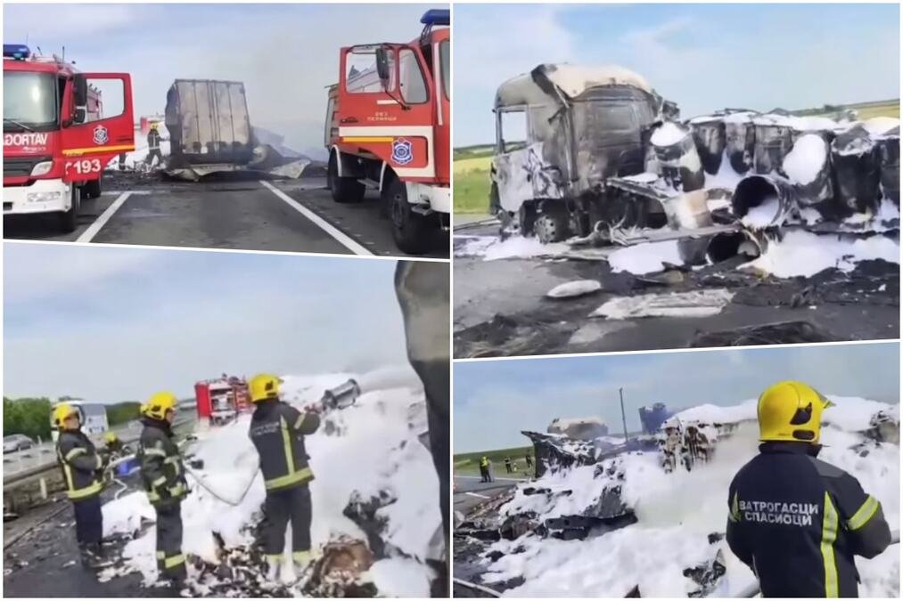 (VIDEO) POGLEDAJTE ŠTA JE OSTALO OD UGLJENISANOG KAMIONA! Dramatične scene gašenja požara kod Šimanovaca: Buktinja PROGUTALA teretnjak, svi krenuli kontrasmerom