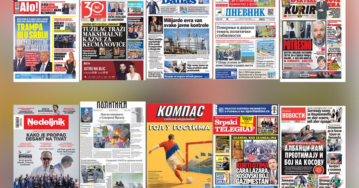 NASLOVNE STRANE SUTRAŠNJIH NOVINA: Prelistavanje štampe za četvrtak, 11. jun 2026. godine