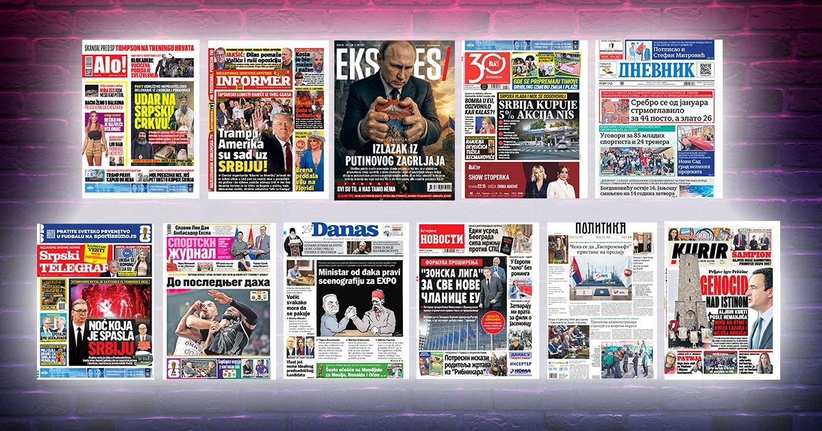 NASLOVNE STRANE SUTRAŠNJIH NOVINA: Prelistavanje štampe za petak, 12. jun 2026. godine