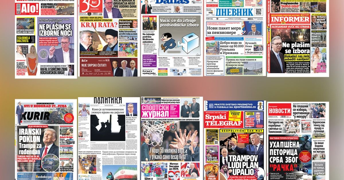 NASLOVNE STRANE SUTRAŠNJIH NOVINA: Prelistavanje štampe za ponedeljak, 15. jun 2026. godine