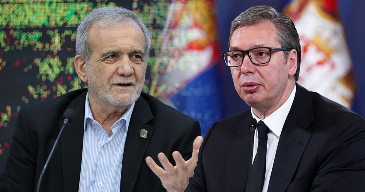 Serbian President Aleksandar Vucic speaks with Iranian President Masoud Pezeshkian