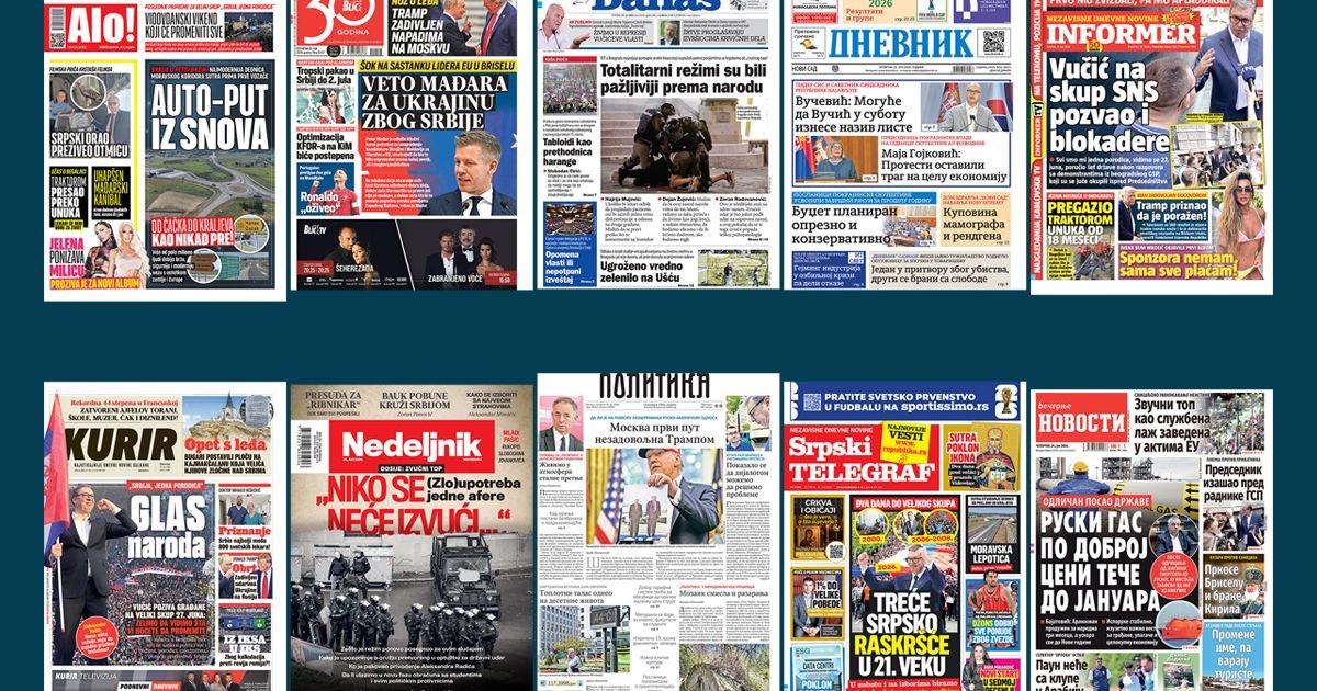 NASLOVNE STRANE SUTRAŠNJIH NOVINA: Prelistavanje štampe za četvrtak, 25. jun 2026. godine
