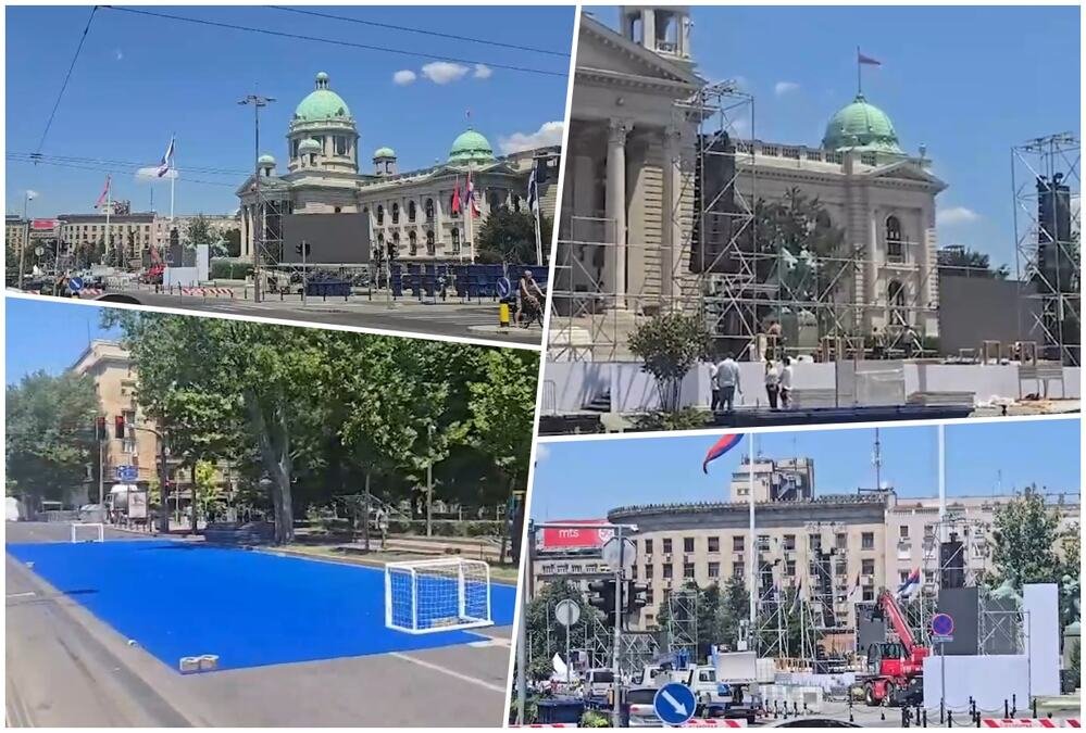 BEOGRAD NA NOGAMA, SVE VRI OD POSLA! Pogledajte kako teku poslednje pripreme ispred Skupštine za spektakl i dolazak naroda na sutrašnji skup (FOTO/VIDEO)