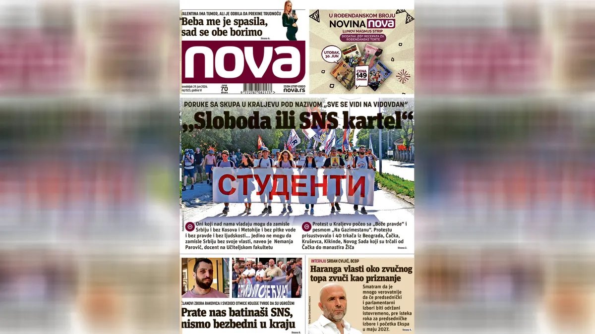 "Nova" piše: "Sloboda ili SNS kartel" glavna poruka studenata sa skupa u Kraljevu