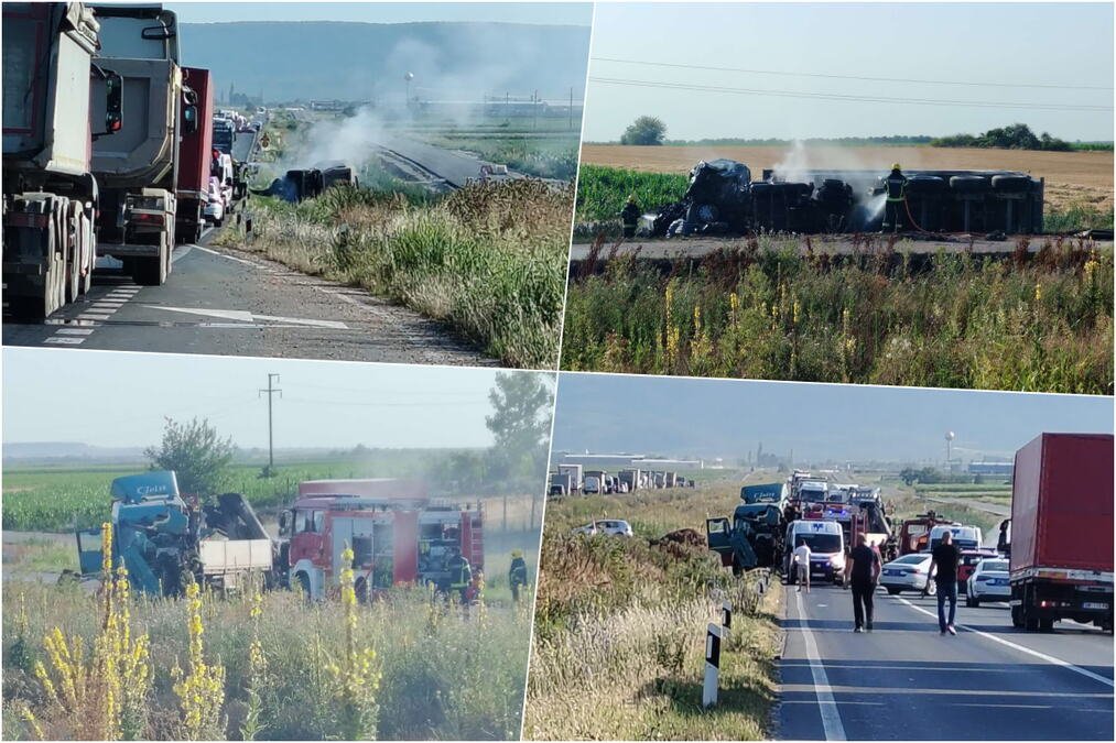 KARAMBOL NA PUTU IRIG-RUMA, SVE STOJI! Sudarila se dva kamiona, pa se jedan pretvorio u buktinju (FOTO)