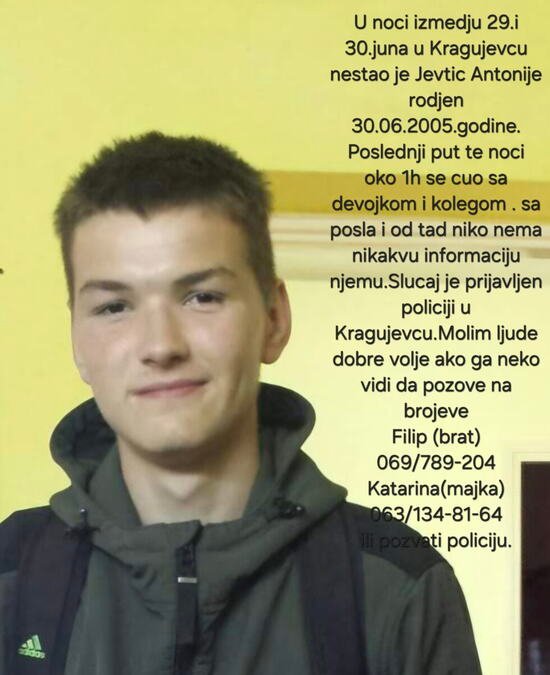 NESTAO MLADIĆ U KRAGUJEVCU: Antoniju Jevtiću se izgubio svaki trag pre 4 dana, porodica moli za pomoć (foto)