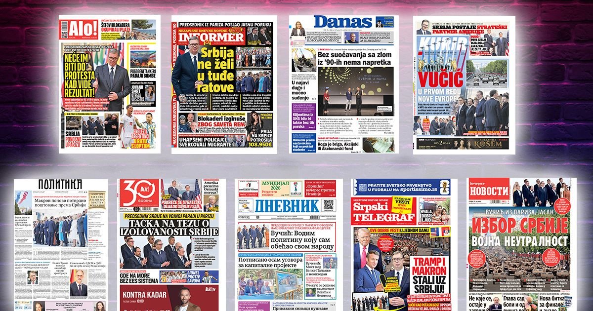NASLOVNE STRANE SUTRAŠNJIH NOVINA: Prelistavanje štampe za sredu, 15. jul 2026. godine