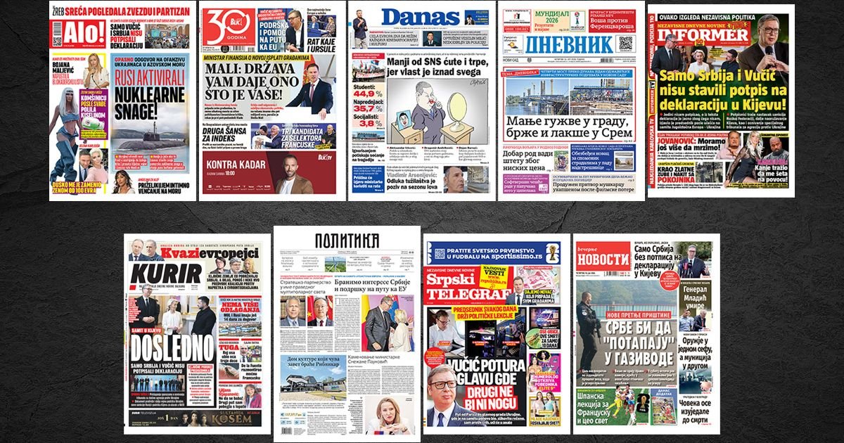 NASLOVNE STRANE SUTRAŠNJIH NOVINA: Prelistavanje štampe za četvrtak, 16. jul 2026. godine